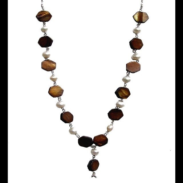 Collier indien en perles de culture et œil de tigre - Bijoux de création