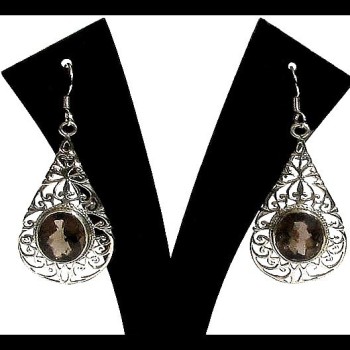 Boucles d'Oreilles indiennes argent ciselé – Bijoux artisanaux quartz fumé