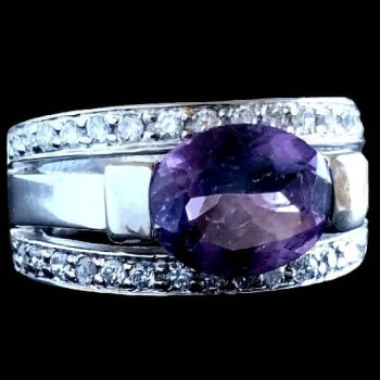 Bague argent rhodié Améthyste naturelle
